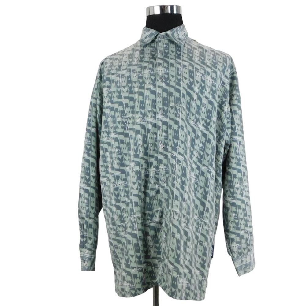 Kno Betta Green Gray Polyester Long Sleeve Button Mens XL Shirt